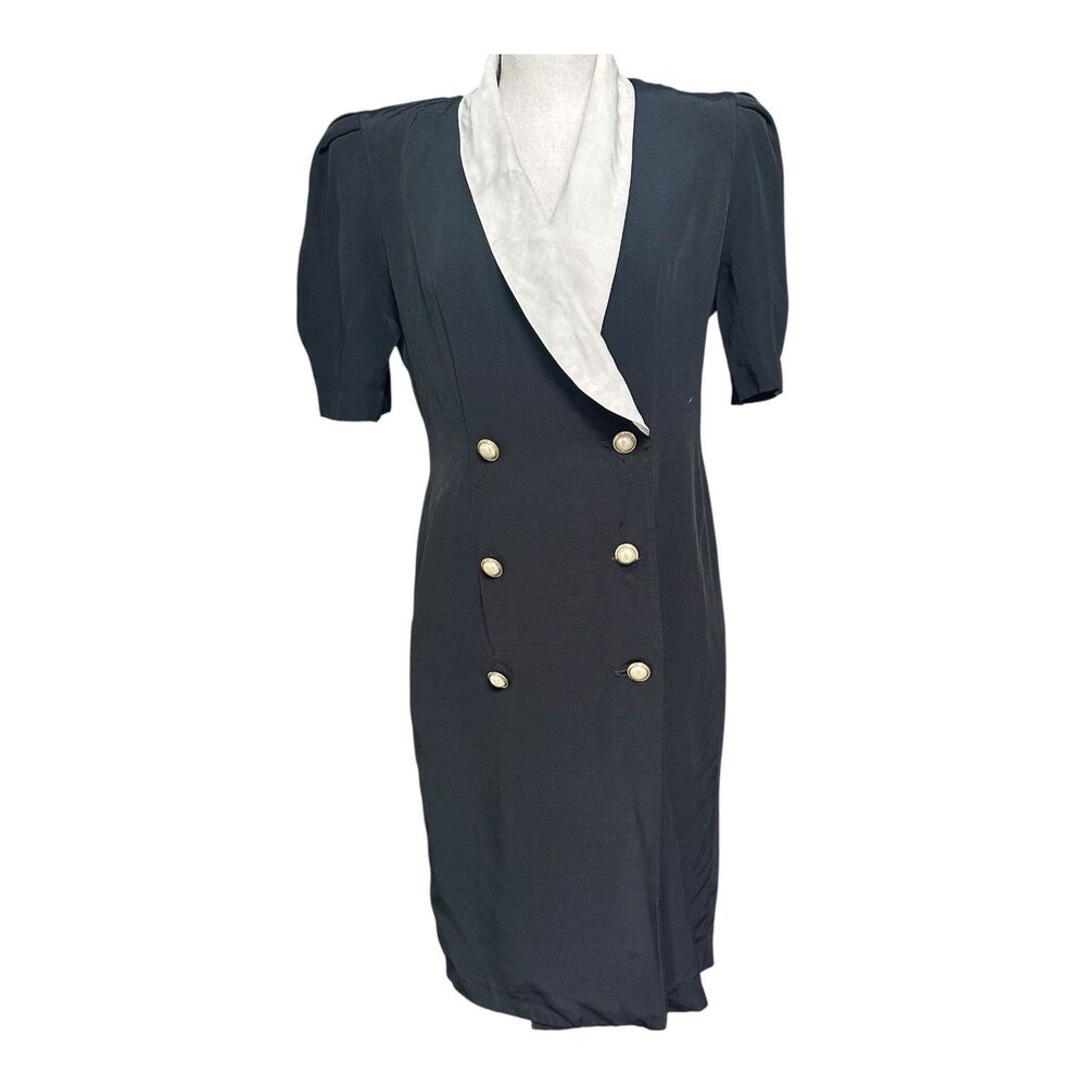 Vintage 80s John Roberts Secretary Dress Black White Contrast Collar Sz S